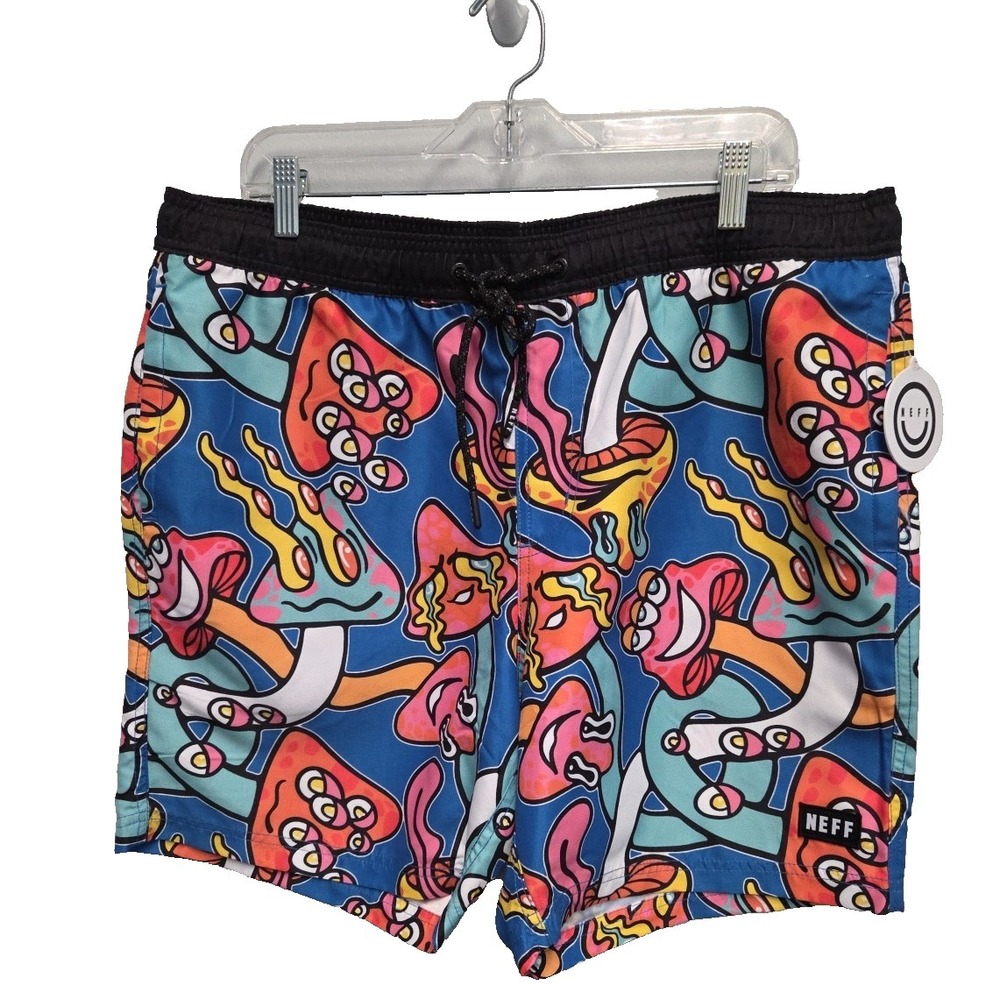 MENS NEFF MUSHROOMS BLUE DRAWSTRING SWIM‎ BOARD SHORTS SIZE XL NWT